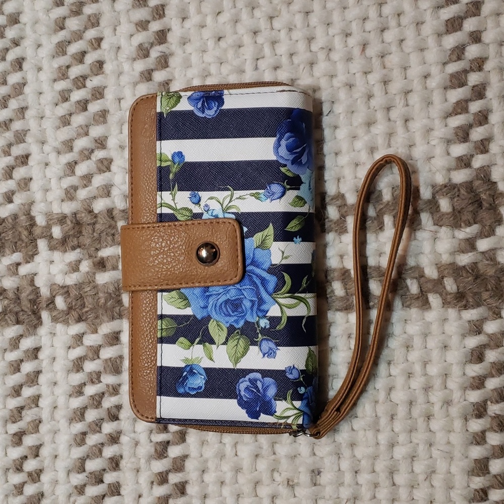 Faux leather waller navy and white strip with blue roses